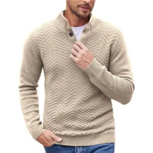 Men's Quarter Button Sweater Pullover Cable Knit Henley Mock Neck Sweater