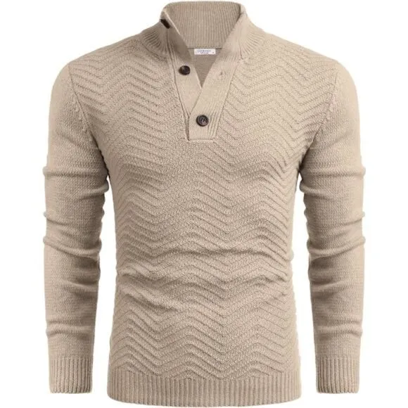 Men's Quarter Button Sweater Pullover Cable Knit Henley Mock Neck Sweater