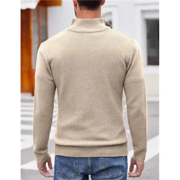 Men's Quarter Button Sweater Pullover Cable Knit Henley Mock Neck Sweater