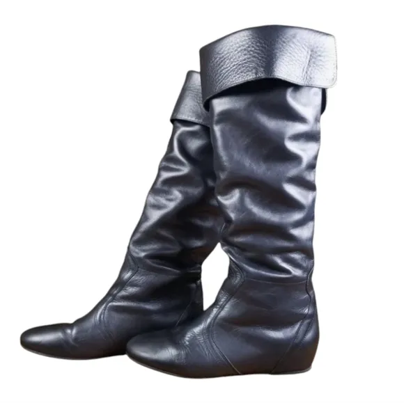 MERCANTI FIORENTINI Black Leather Slouchy Foldable size 6 Knee Boots Whimsigoth