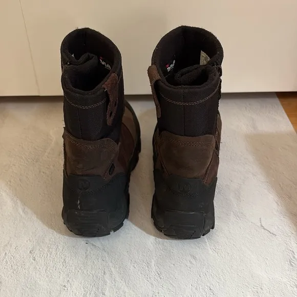Merrell Fullbench Thinsulate Side Zip Tactical boots in brown suede and black.