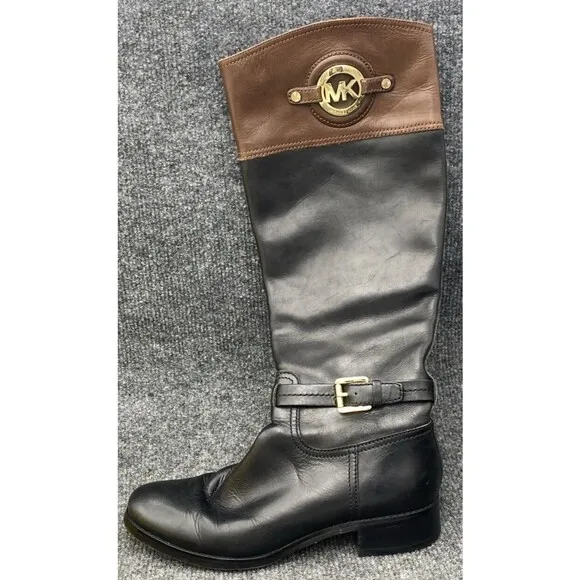 Michael Kors Riding Boots Women 8.5 Brown Black Gold Emblem Knee High Leather
