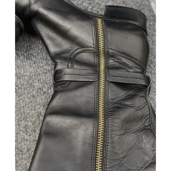 Michael Kors Riding Boots Women 8.5 Brown Black Gold Emblem Knee High Leather