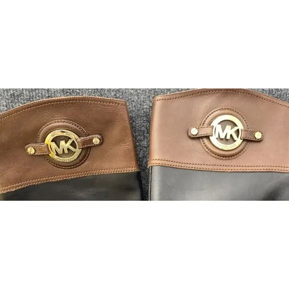 Michael Kors Riding Boots Women 8.5 Brown Black Gold Emblem Knee High Leather