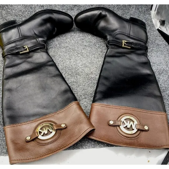 Michael Kors Riding Boots Women 8.5 Brown Black Gold Emblem Knee High Leather