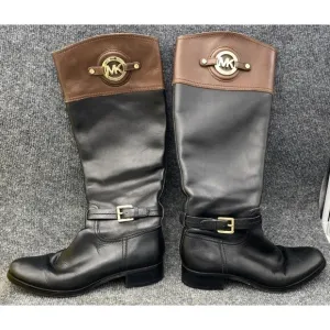 Michael Kors Riding Boots Women 8.5 Brown Black Gold Emblem Knee High Leather