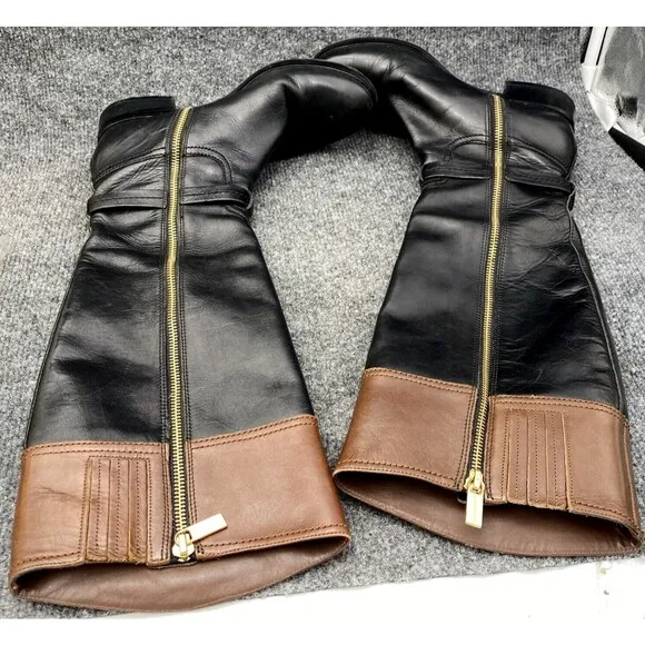Michael Kors Riding Boots Women 8.5 Brown Black Gold Emblem Knee High Leather