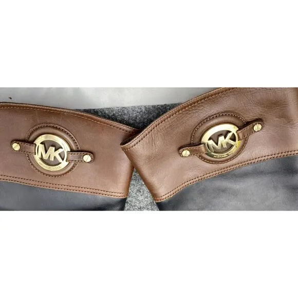 Michael Kors Riding Boots Women 8.5 Brown Black Gold Emblem Knee High Leather
