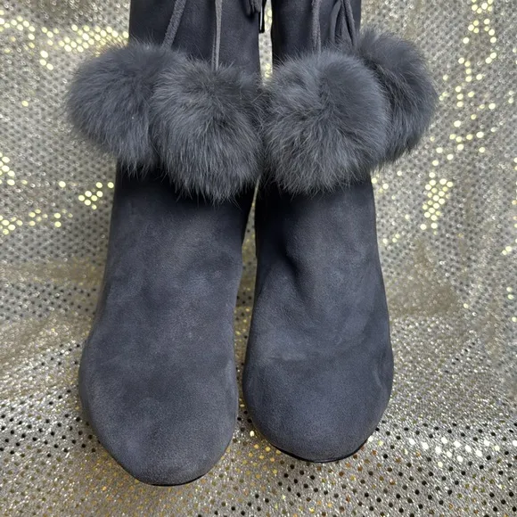 Michael Kors stiletto boots heels suede rabbit fur Pom dark grey 8.5 tassel