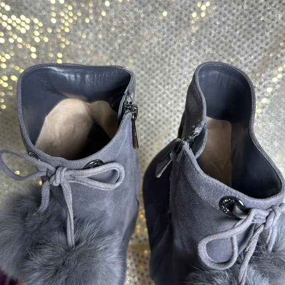 Michael Kors stiletto boots heels suede rabbit fur Pom dark grey 8.5 tassel