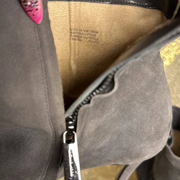 Michael Kors stiletto boots heels suede rabbit fur Pom dark grey 8.5 tassel