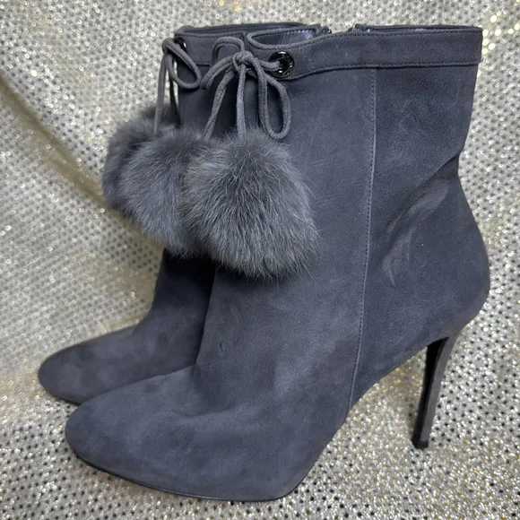 Michael Kors stiletto boots heels suede rabbit fur Pom dark grey 8.5 tassel
