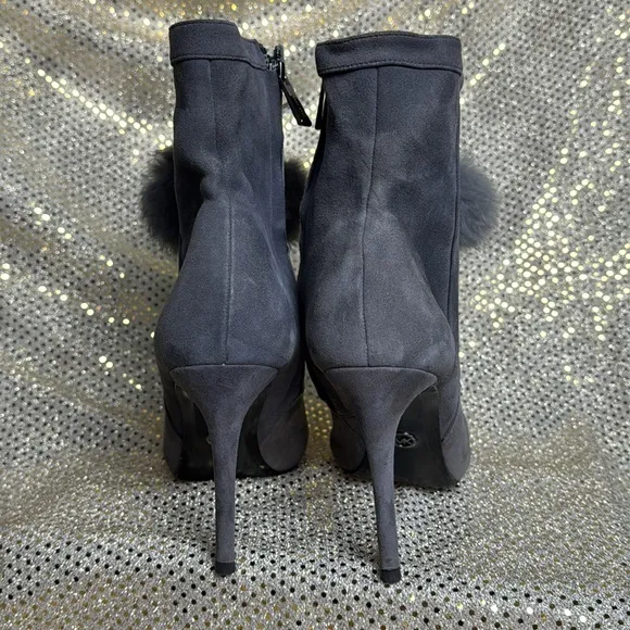 Michael Kors stiletto boots heels suede rabbit fur Pom dark grey 8.5 tassel