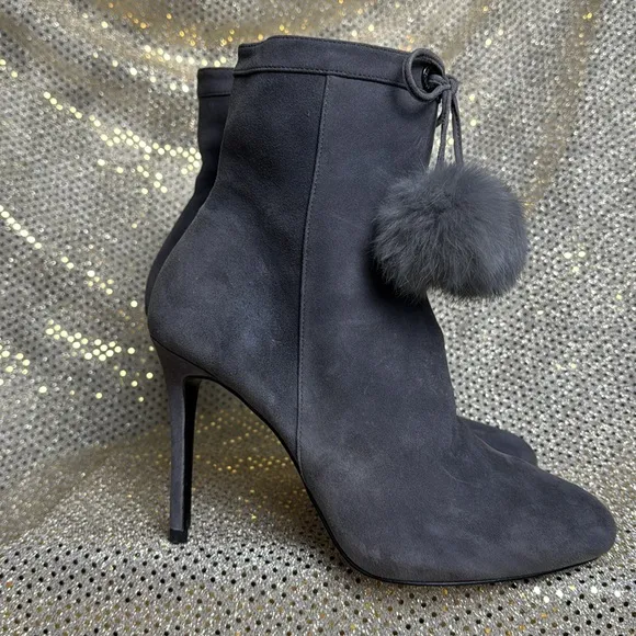 Michael Kors stiletto boots heels suede rabbit fur Pom dark grey 8.5 tassel
