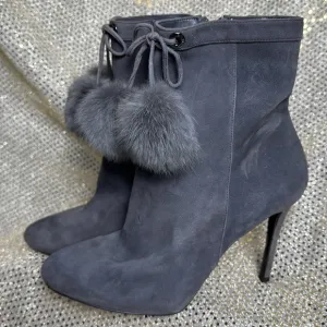 Michael Kors stiletto boots heels suede rabbit fur Pom dark grey 8.5 tassel