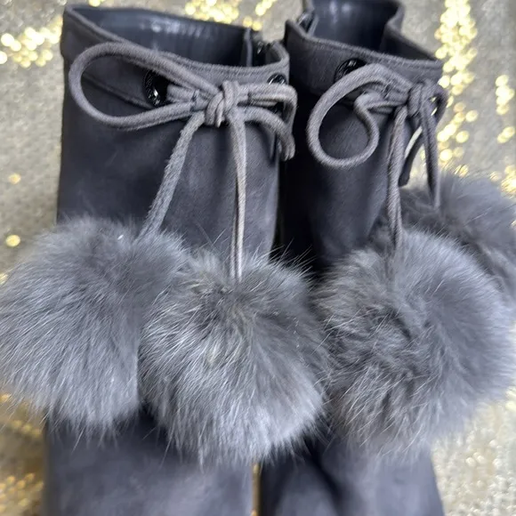 Michael Kors stiletto boots heels suede rabbit fur Pom dark grey 8.5 tassel