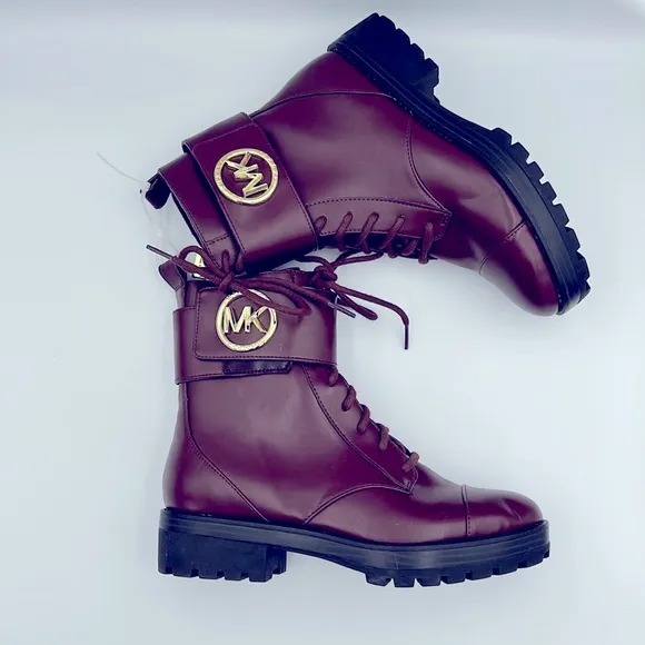 MICHAEL KORS WOMEN TATUM VEGAN BURGUNDY LEATHER MK LOGO COMBAT BOOTS SIZE 5