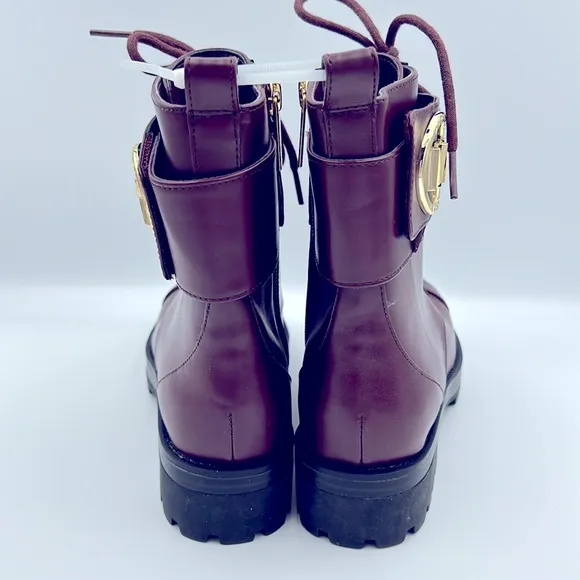 MICHAEL KORS WOMEN TATUM VEGAN BURGUNDY LEATHER MK LOGO COMBAT BOOTS SIZE 5