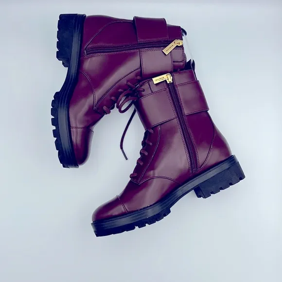 MICHAEL KORS WOMEN TATUM VEGAN BURGUNDY LEATHER MK LOGO COMBAT BOOTS SIZE 5