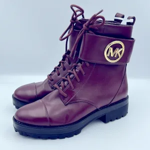 MICHAEL KORS WOMEN TATUM VEGAN BURGUNDY LEATHER MK LOGO COMBAT BOOTS SIZE 5