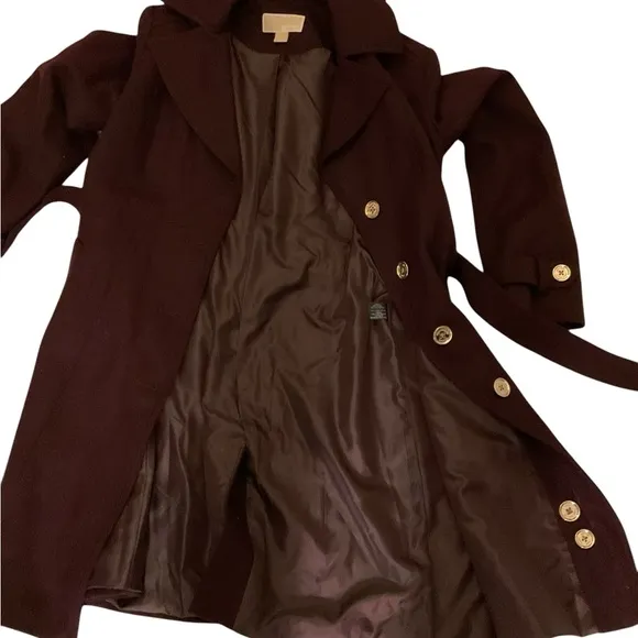 Michael Kors Women’s Burgundy Wool Belted Single Breasted Coat. M Size.
