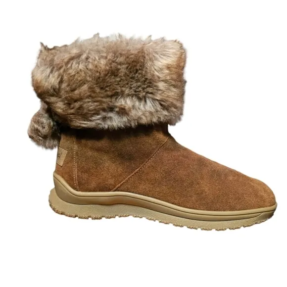 Minnetonka Boots Ankle Brown Suede Leather Faux Fur Cuff Lined Tread sz 7
