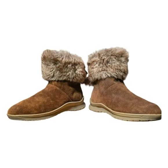 Minnetonka Boots Ankle Brown Suede Leather Faux Fur Cuff Lined Tread sz 7