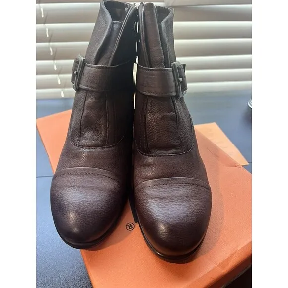 Miz Mooz Leather Buckled Ankle Boots Siggy Wide  Espresso Size 8 (39EU)