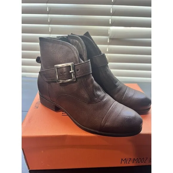 Miz Mooz Leather Buckled Ankle Boots Siggy Wide  Espresso Size 8 (39EU)