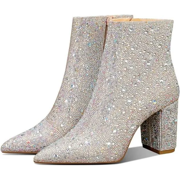 MSONLYDN Ankle Boot Women's Silver Polyester Glass Stone Pointed Toe Chunky Heel