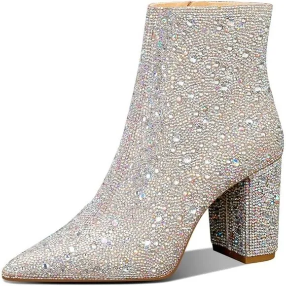 MSONLYDN Ankle Boot Women's Silver Polyester Glass Stone Pointed Toe Chunky Heel