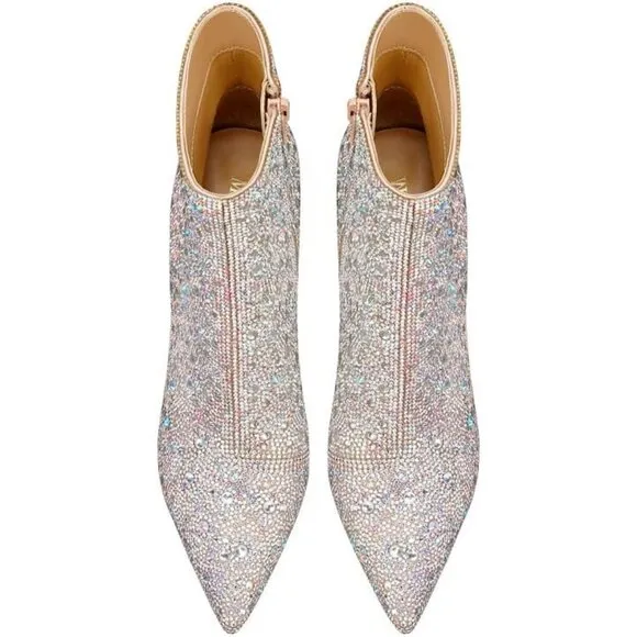 MSONLYDN Ankle Boot Women's Silver Polyester Glass Stone Pointed Toe Chunky Heel