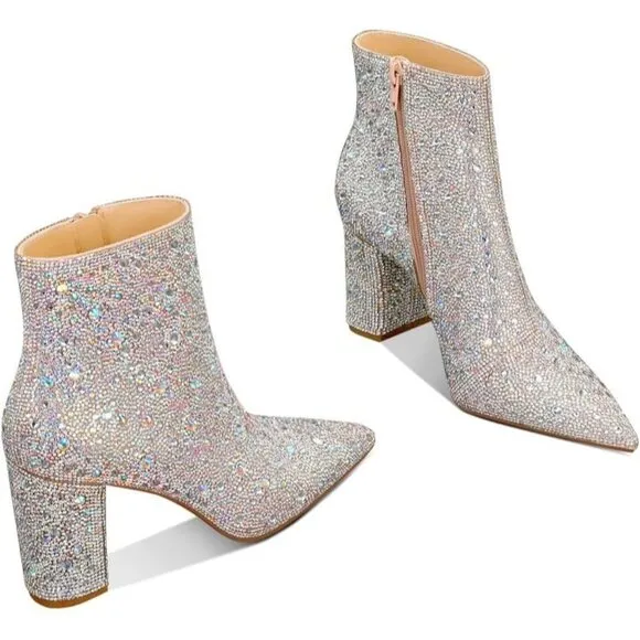 MSONLYDN Ankle Boot Women's Silver Polyester Glass Stone Pointed Toe Chunky Heel