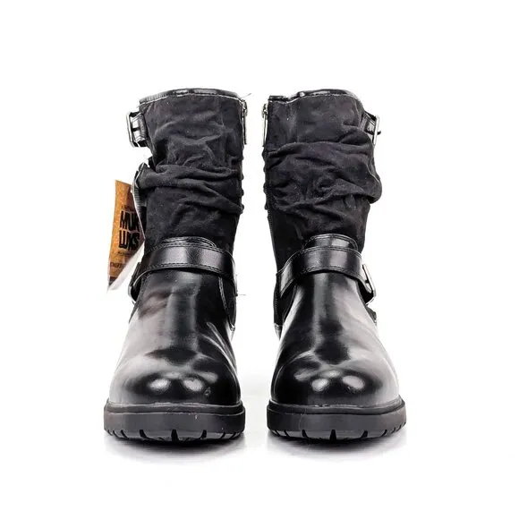 Muklukz Women Sabrina Black Fabric Wide Fit Moto Buckle Strap Boots sz 9W