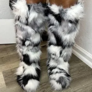 Muliti colored faux fur knee boots