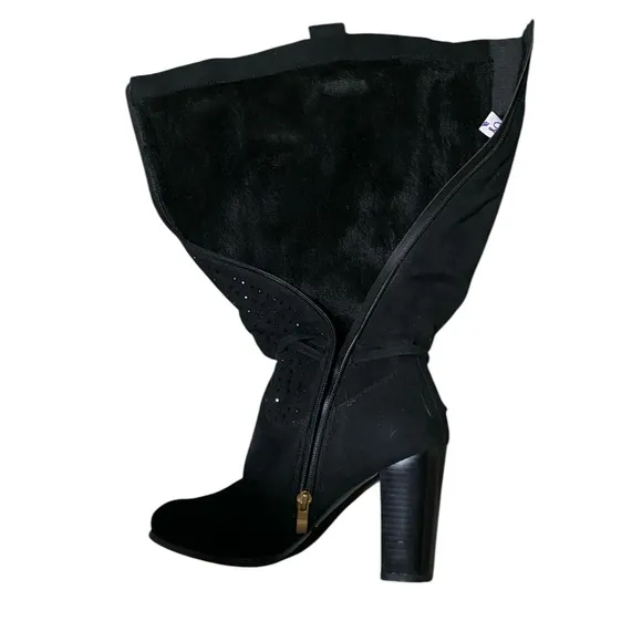 Nancy Li‎ Knee High Black Faux Suede Rhinestone 3in Heel Boots Size 7