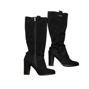 Nancy Li‎ Knee High Black Faux Suede Rhinestone 3in Heel Boots Size 7