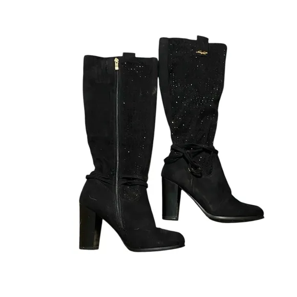 Nancy Li‎ Knee High Black Faux Suede Rhinestone 3in Heel Boots Size 7