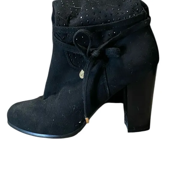 Nancy Li‎ Knee High Black Faux Suede Rhinestone 3in Heel Boots Size 7