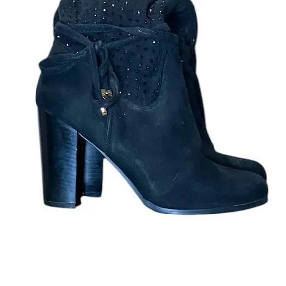 Nancy Li‎ Knee High Black Faux Suede Rhinestone 3in Heel Boots Size 7