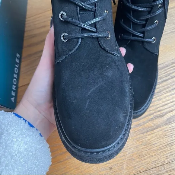 NEW Aersoles Scoccia Black Suede Faux Fur Boots Lug Size 12 NWT