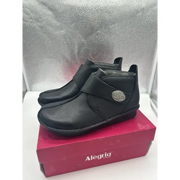 New Alegria Caiti Leather Pull On Faux Fur Lined Ankle Boots Black EU 41 US 10.5