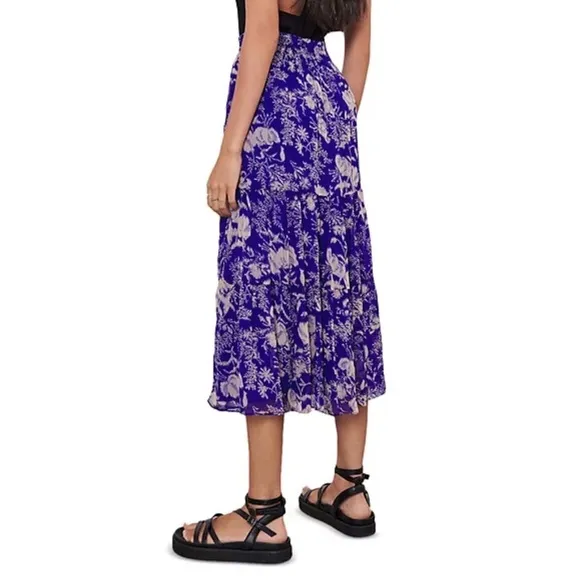 New Ba&amp;sh Uria Tiered Floral Midi Skirt Purple Ecru Medium