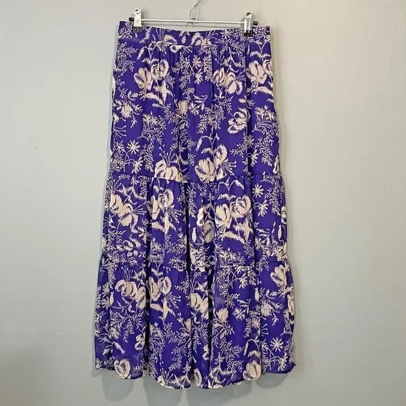 New Ba&amp;sh Uria Tiered Floral Midi Skirt Purple Ecru Medium