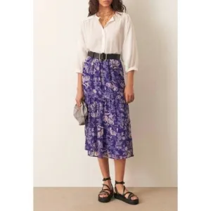 New Ba&amp;sh Uria Tiered Floral Midi Skirt Purple Ecru Medium