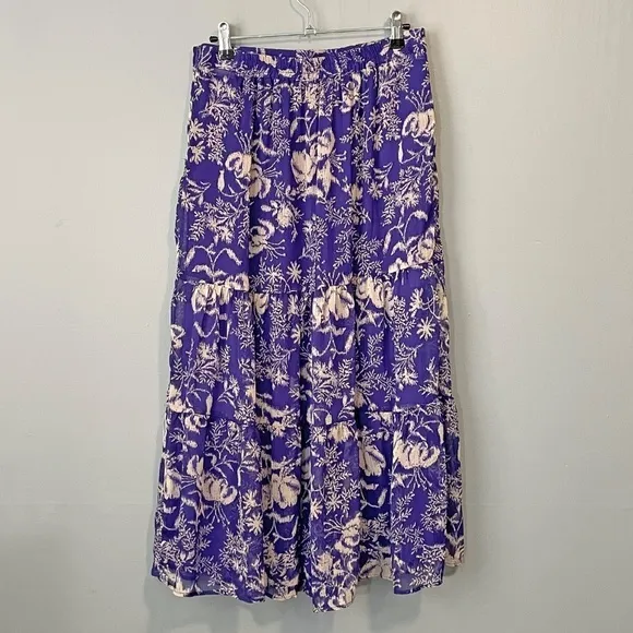New Ba&amp;sh Uria Tiered Floral Midi Skirt Purple Ecru Medium