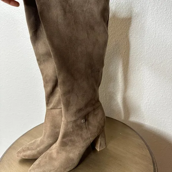 NEW Bandolino Thigh High Tall Boots Heels Suede Side Zipper Almond Toe Brown 9.5