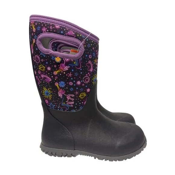 NEW! BOGS Girl's Youth York Neon Unicorn Black Purple Rain Winter Boots Size 3