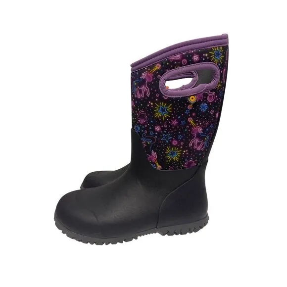 NEW! BOGS Girl's Youth York Neon Unicorn Black Purple Rain Winter Boots Size 3
