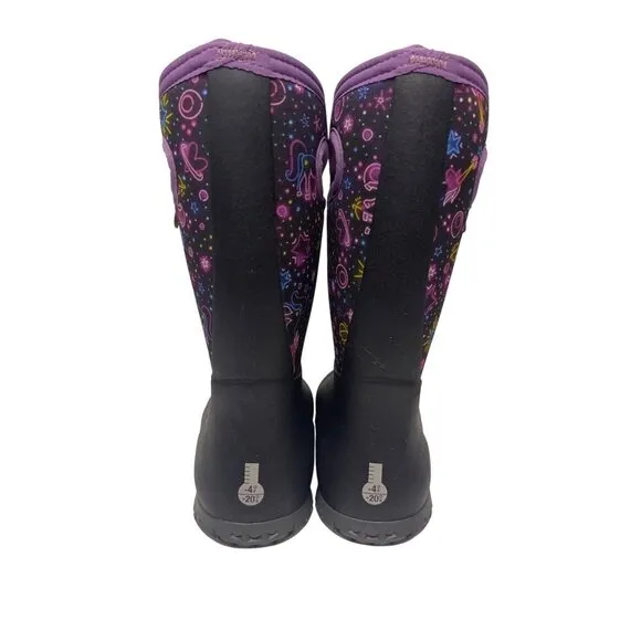 NEW! BOGS Girl's Youth York Neon Unicorn Black Purple Rain Winter Boots Size 3